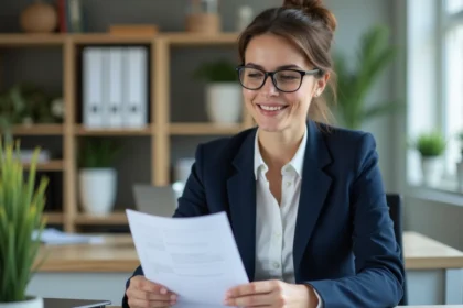 Femme en bureau professionnel avec documents et guidelines
