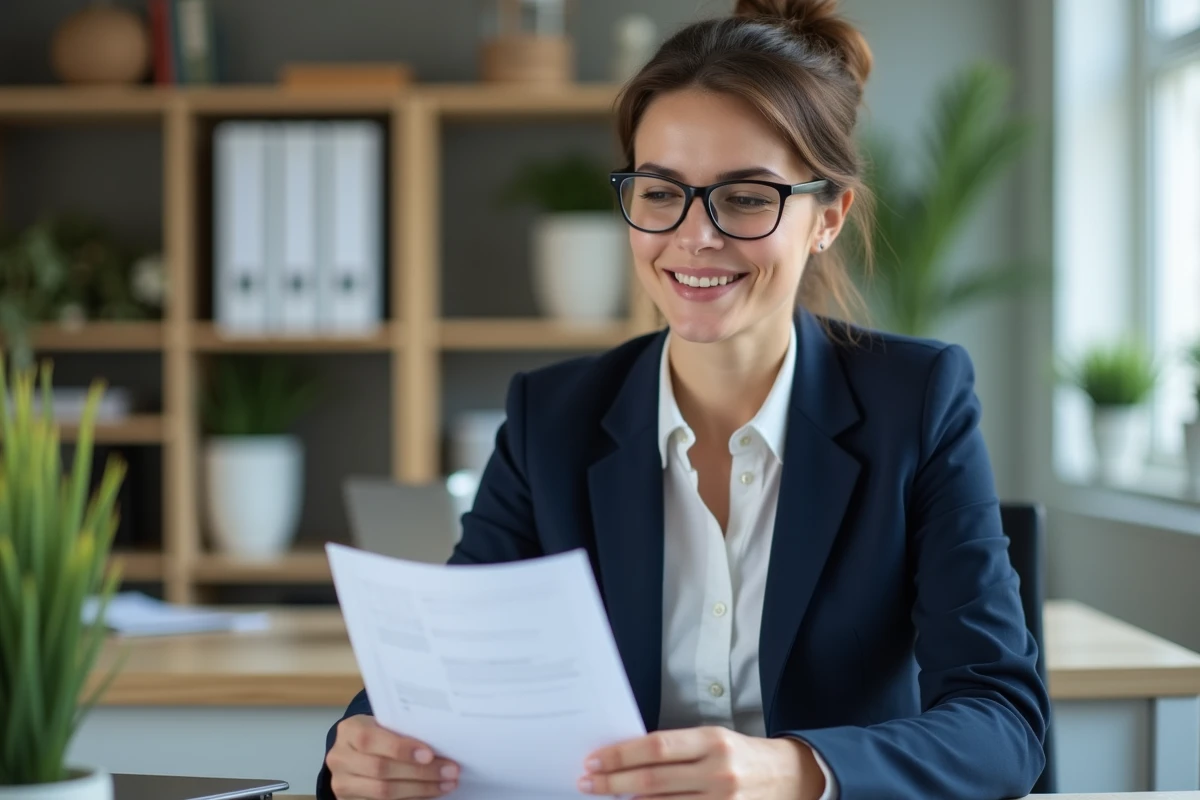 Femme en bureau professionnel avec documents et guidelines