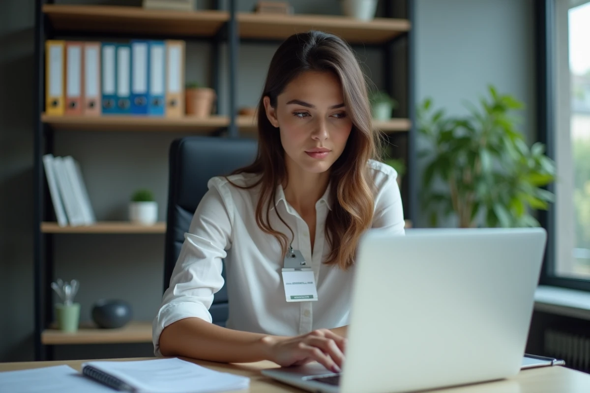 Femme professionnelle au bureau avec badge et ordinateur