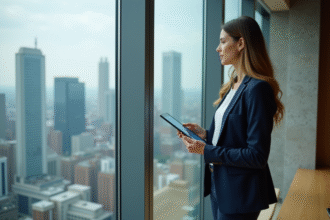 Femme en blazer regardant la ville depuis un bureau moderne