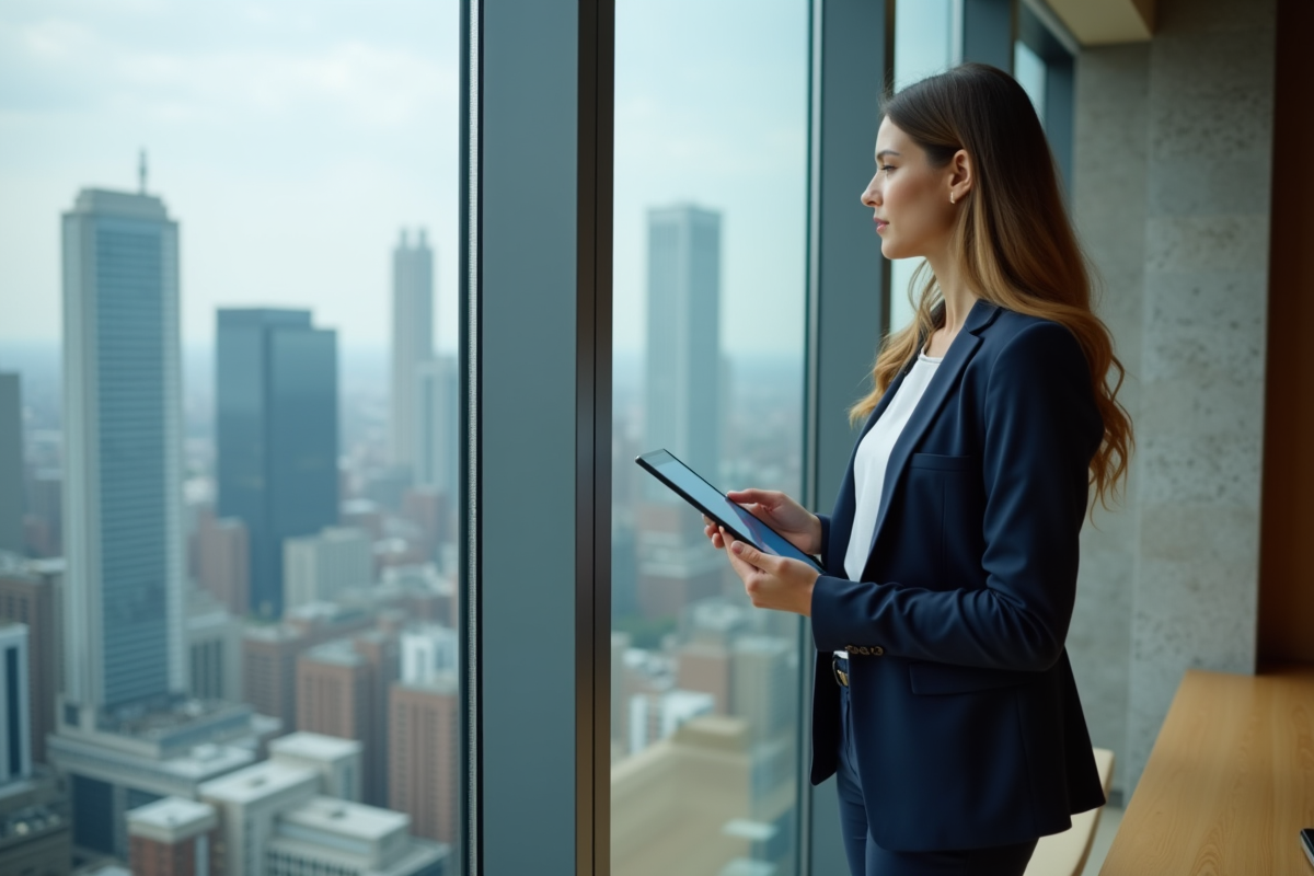Femme en blazer regardant la ville depuis un bureau moderne