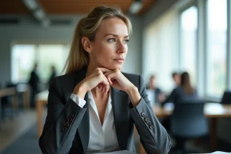 Femme cadre en réflexion à son bureau, illustrant le changement de posture professionnelle selon la loi de Peters