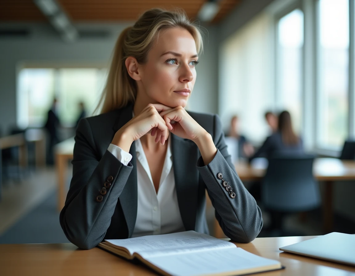 Femme cadre en réflexion à son bureau, illustrant le changement de posture professionnelle selon la loi de Peters