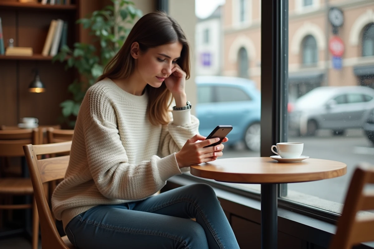 Femme assise au café regardant son smartphone avec concentration