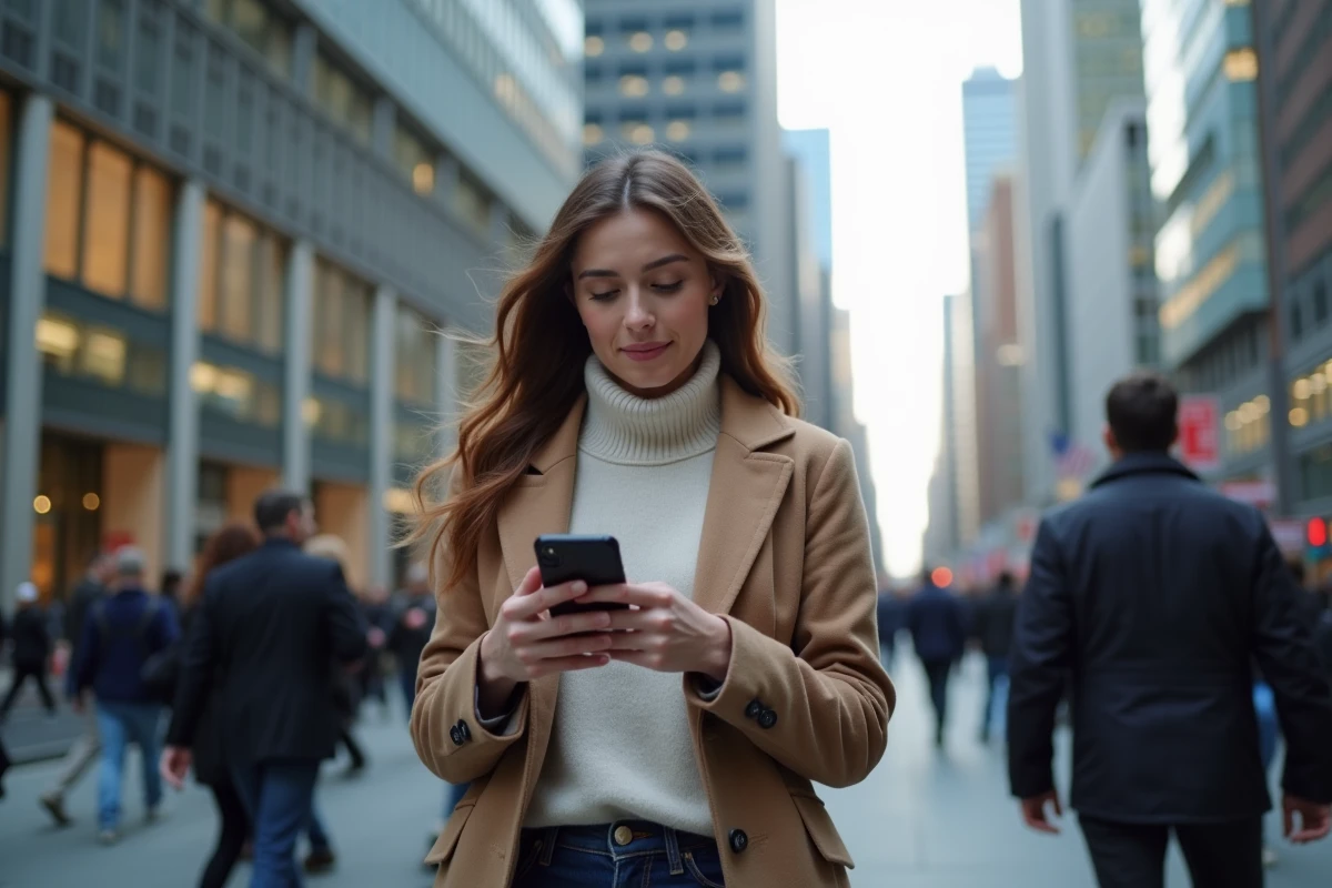 Jeune femme marche dans la ville avec smartphone en main