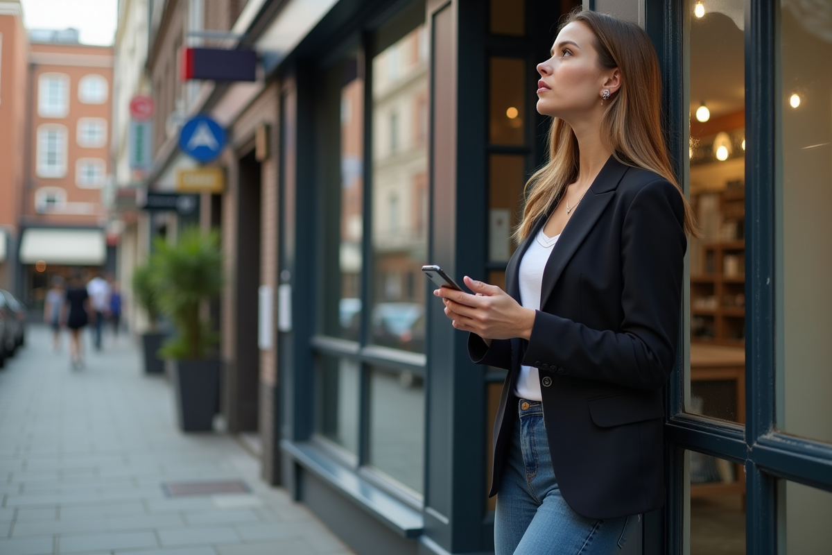 Jeune femme professionnelle regardant une enseigne de magasin fermé