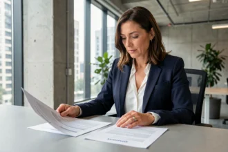 Femme professionnelle comparant des contrats de portage salarial dans un bureau moderne