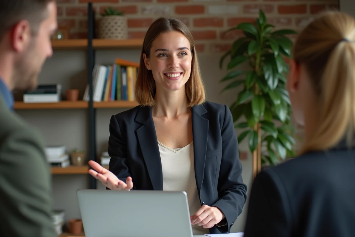Femme confiante discutant dans un espace de coworking