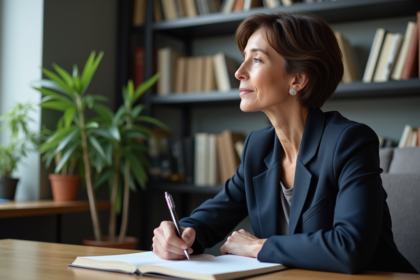 Femme méditative au bureau avec livres et ville en arrière-plan