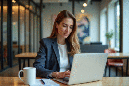 Femme en blazer vérifiant un contrat numérique au coworking