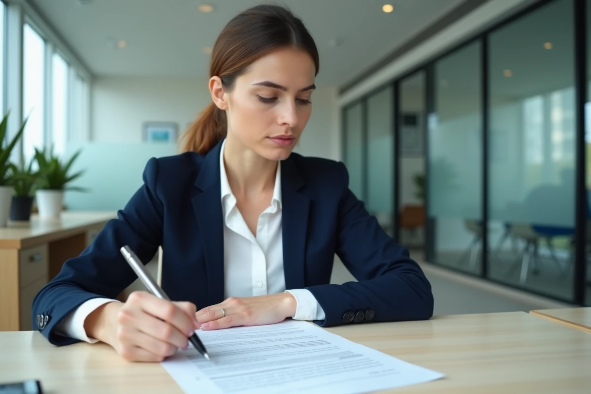 Femme en blazer navy relisant un contrat de travail 39h à son bureau dans un open space moderne