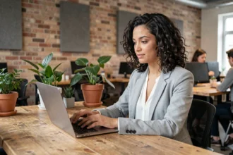 Femme travaillant dans un espace de coworking moderne à Beauvais, assise à un bureau partagé avec un ordinateur portable