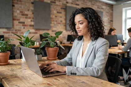 Femme travaillant dans un espace de coworking moderne à Beauvais, assise à un bureau partagé avec un ordinateur portable