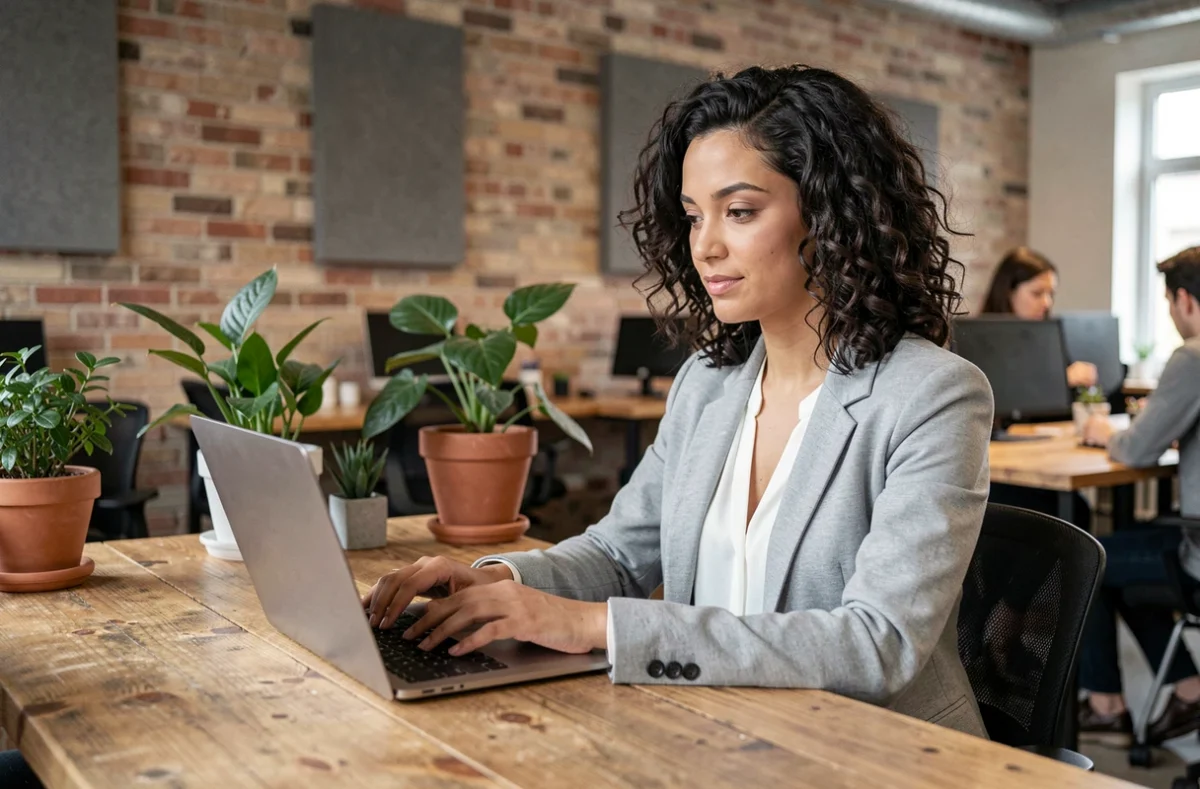 Femme travaillant dans un espace de coworking moderne à Beauvais, assise à un bureau partagé avec un ordinateur portable