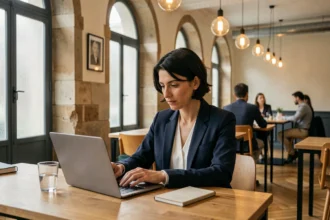 Femme travaillant dans un espace de coworking moderne près de l'Opéra de Paris, assise à un bureau en bois avec un ordinateur portable