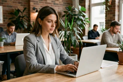 Femme professionnelle travaillant dans un espace de coworking moderne à Saint-Cloud