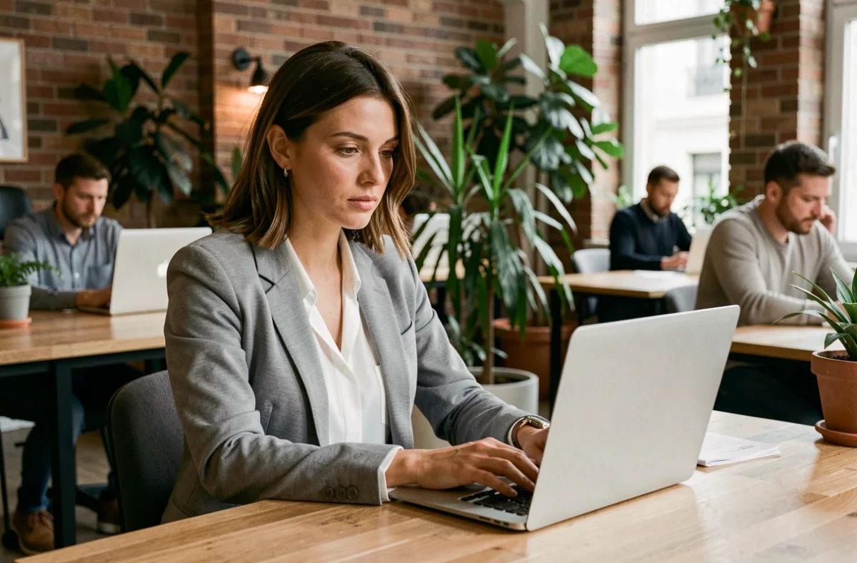 Femme professionnelle travaillant dans un espace de coworking moderne à Saint-Cloud