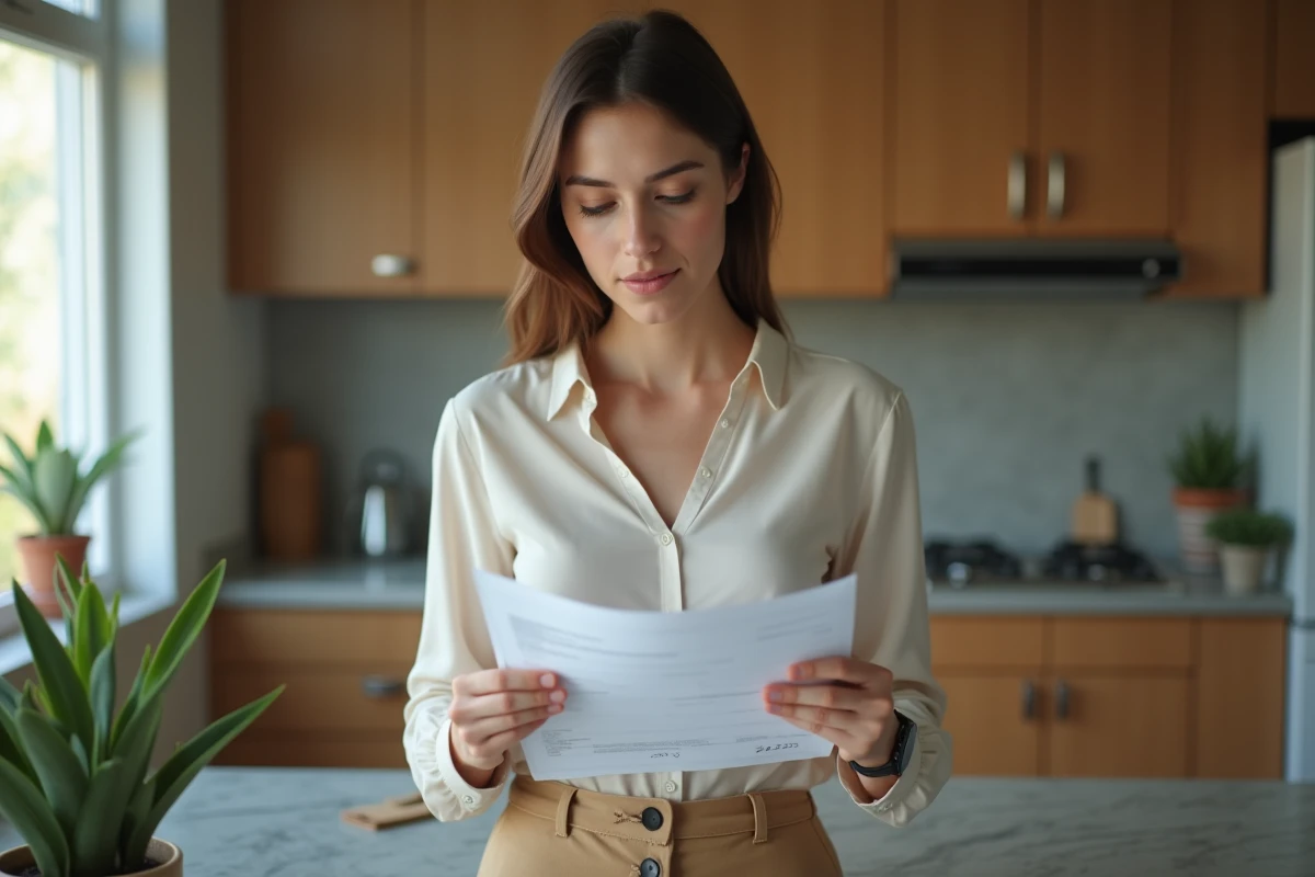 Femme jeune examinant des papiers dans sa cuisine