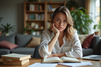 Femme en bureau à domicile avec dictionnaires et ordinateur