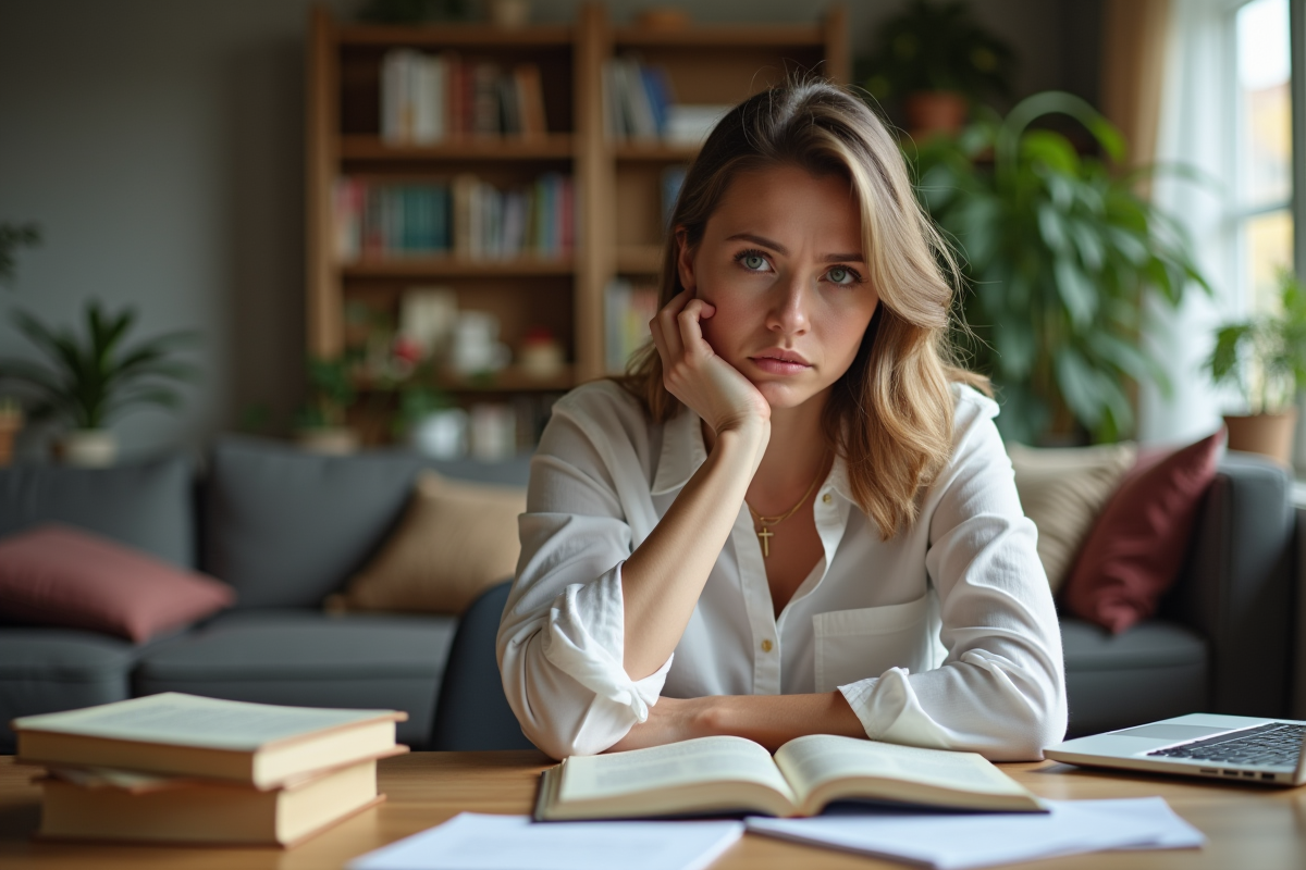 Femme en bureau à domicile avec dictionnaires et ordinateur