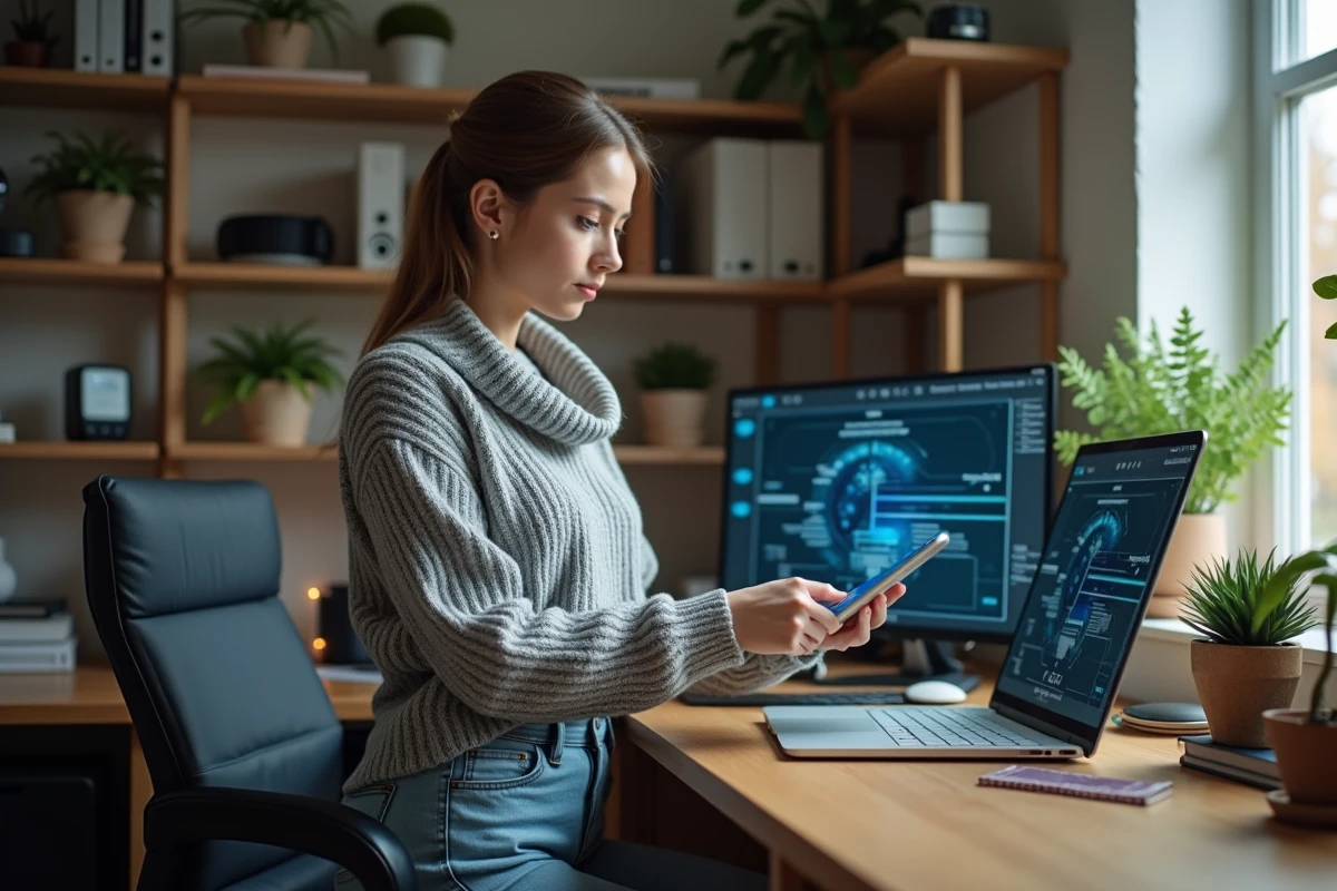 Jeune femme configurant un parefeu numérique dans son bureau à domicile