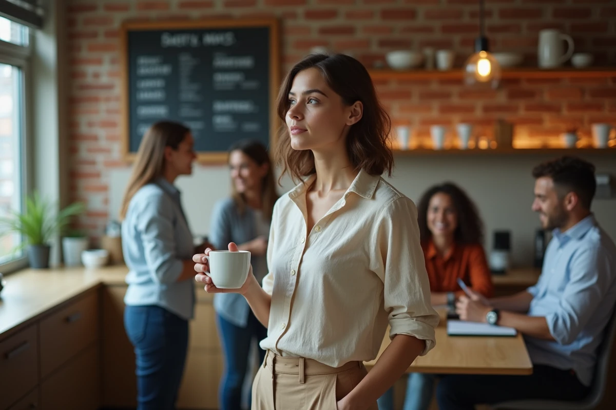Jeune femme pensive se tenant à l'écart d'un groupe de collègues dans une salle de pause bureau, évoquant la place de l'individu au sein d'un collectif