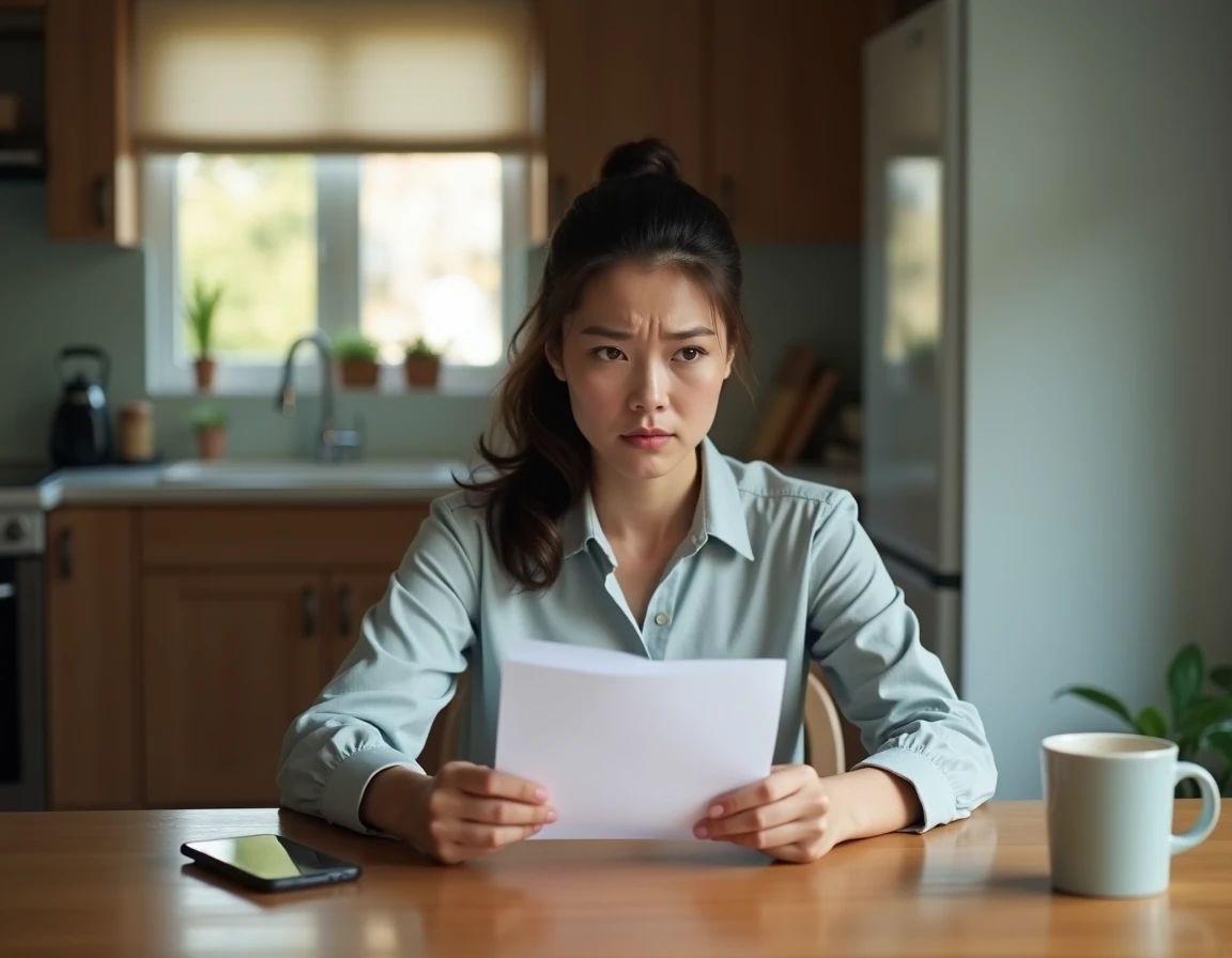 Femme lisant une lettre de licenciement pour faute grave à son domicile, symbolisant l'impact personnel sur les droits au chômage en 2026