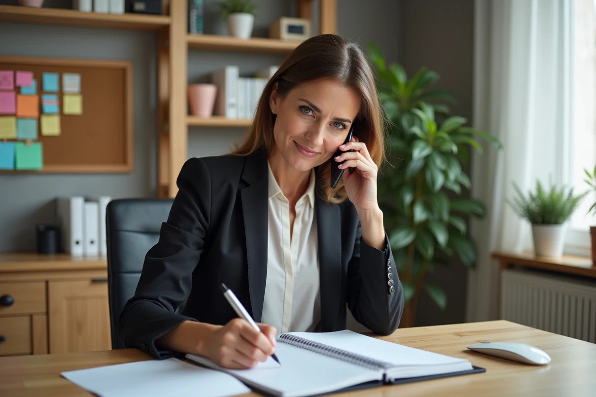 Femme manager en réunion note dans un planner avec smartphone