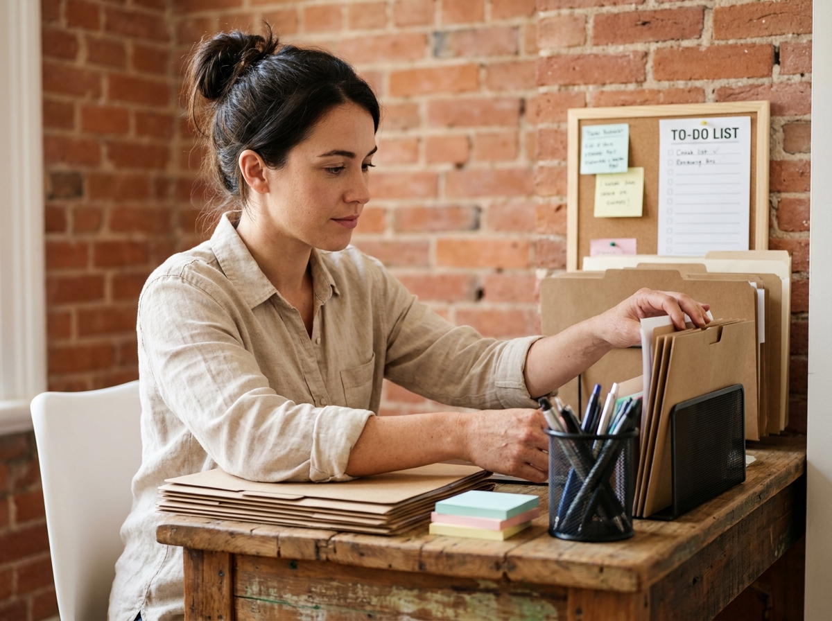 Jeune femme organisant son bureau à domicile avec des fournitures abordables comme des dossiers kraft et des organiseurs