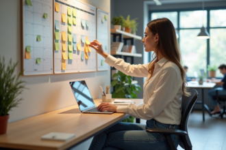 Femme organisée planifiant au bureau avec notes colorées