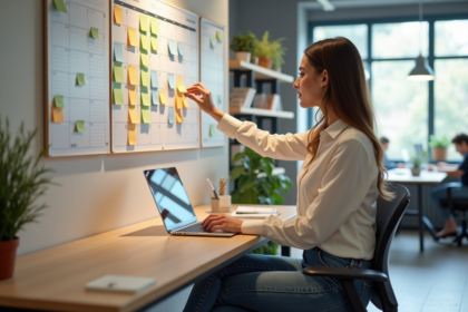Femme organisée planifiant au bureau avec notes colorées