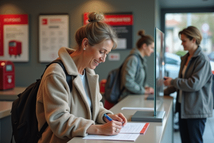 Femme d'âge moyen remplissant un formulaire à La Poste