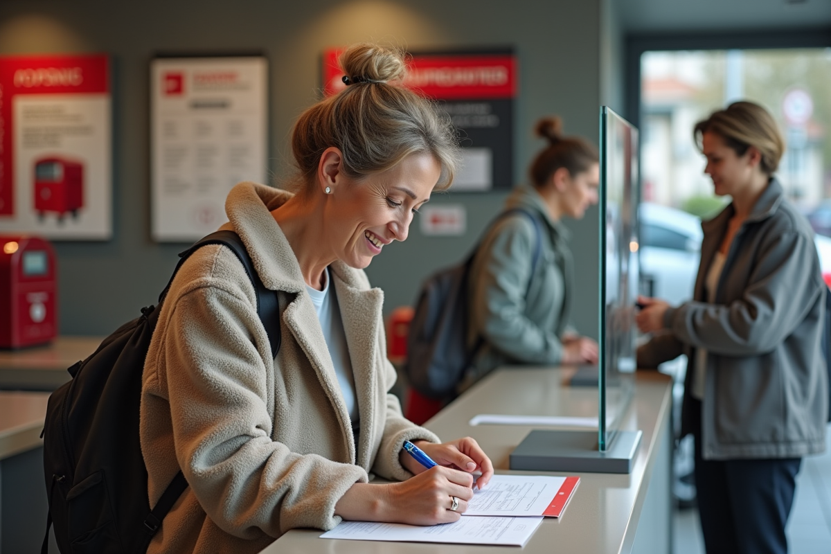 Femme d'âge moyen remplissant un formulaire à La Poste