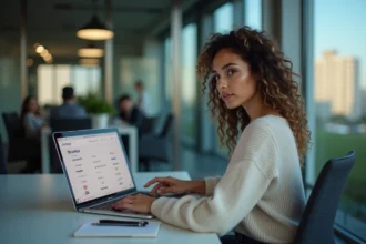Jeune femme professionnelle au bureau regardant un site web