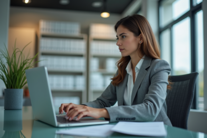 Femme d affaires concentrée au bureau avec ordinateur