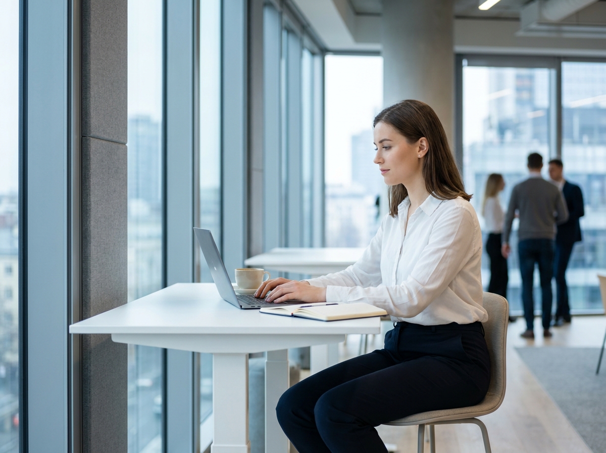 Jeune femme professionnelle travaillant seule dans un espace de coworking lumineux avec vue sur la ville