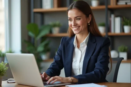 Femme professionnelle en blazer marine optimisant son profil sur un site de rencontres emploi depuis son bureau à domicile