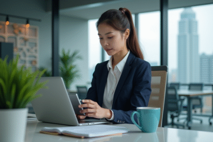 Jeune femme professionnelle utilisant un ordinateur et une tablette dans un bureau moderne