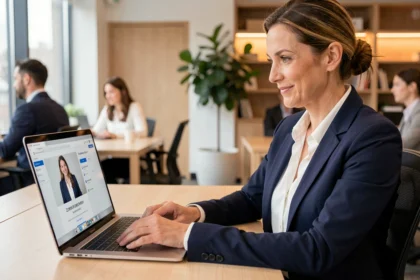 Femme professionnelle remplissant son profil B2B en ligne sur un ordinateur portable dans un bureau moderne