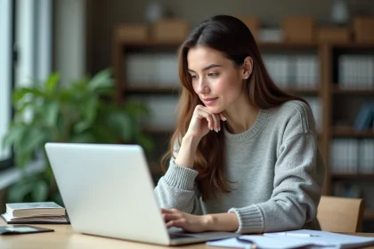 Femme en recherche d emploi sur son ordinateur dans un bureau moderne
