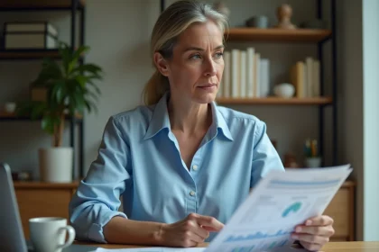 Femme consultant ses relevés de caisse de compensation sur un bureau à domicile avec des documents financiers imprimés