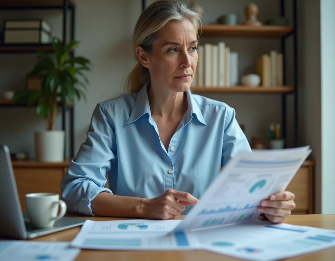 Femme consultant ses relevés de caisse de compensation sur un bureau à domicile avec des documents financiers imprimés
