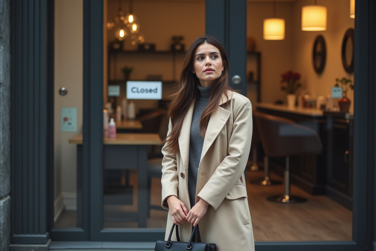 Jeune femme devant un salon de coiffure fermé