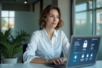 Femme en entreprise consultant un tableau de bord sécurisé sur son ordinateur portable pour protéger ses données sensibles avec agendis22