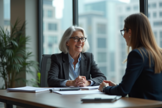 Femme senior discutant avec un collègue au bureau
