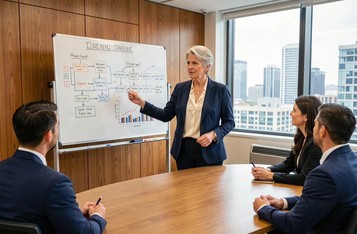 Femme senior consultante présentant une stratégie devant un tableau blanc à une équipe en salle de formation corporate