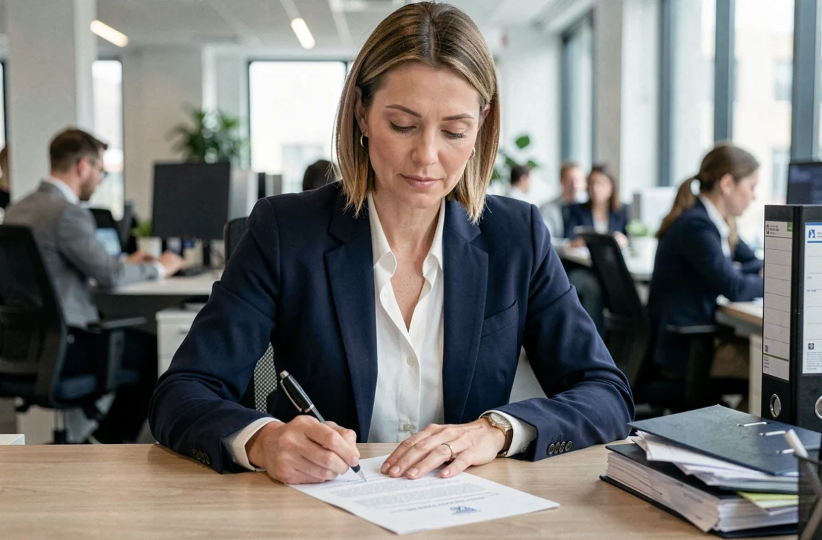 Femme professionnelle signant une lettre de démission à son bureau dans un open space moderne
