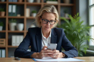 Femme en blazer navy utilisant son smartphone à un bureau organisé