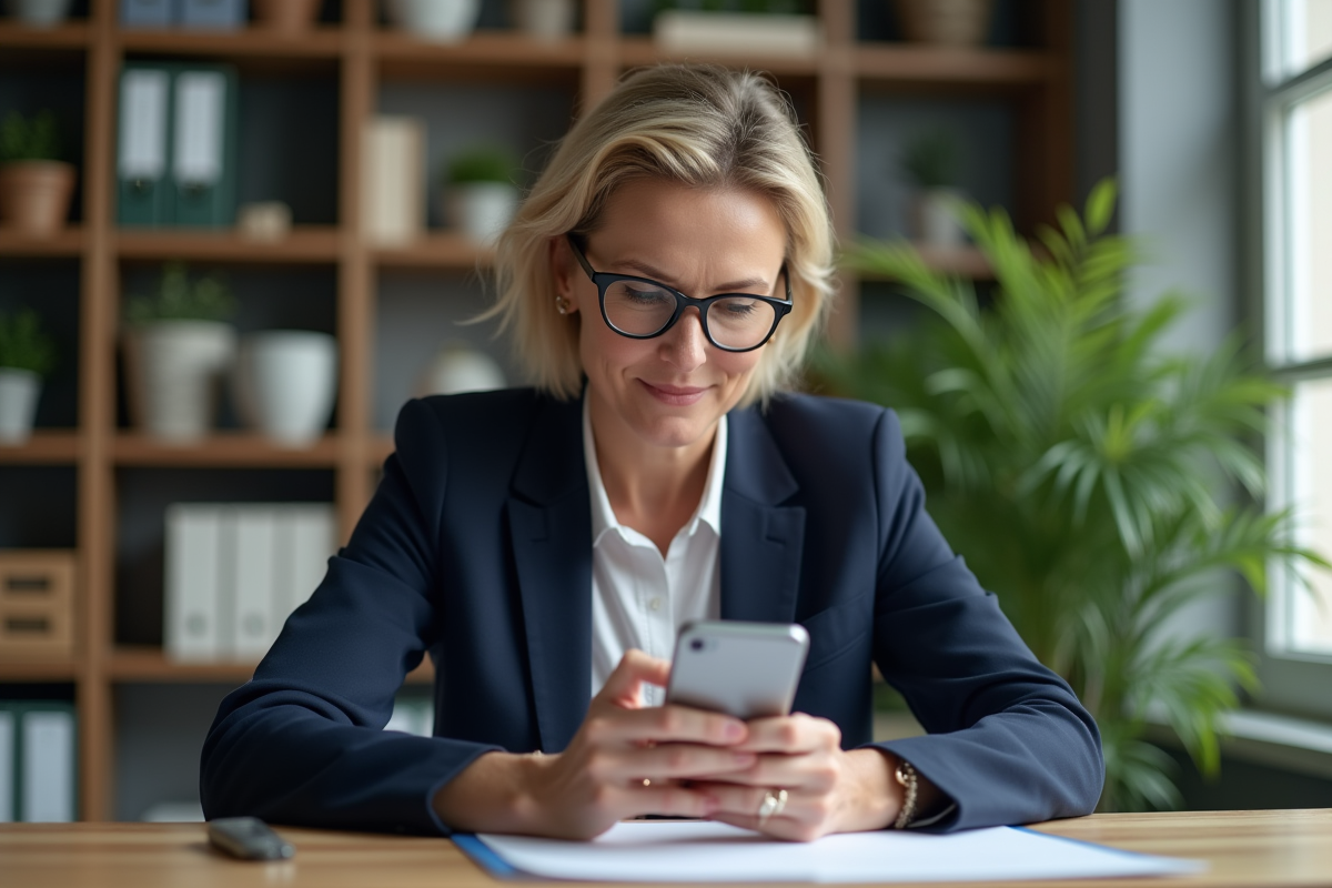 Femme en blazer navy utilisant son smartphone à un bureau organisé