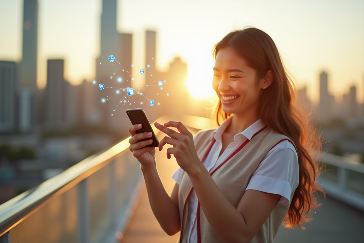 Femme souriante avec smartphone et icônes de réseaux sociaux